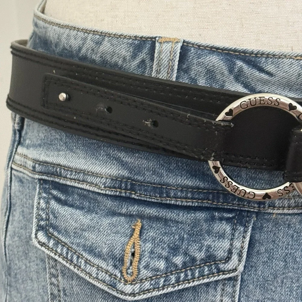 Vintage Guess Black Leather O Ring Hip Belt Y2K 90s Silver Logo Rings 40